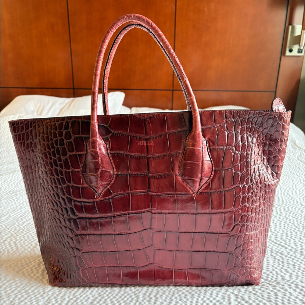 Furla Croc-Embossed Wine Leather Tote